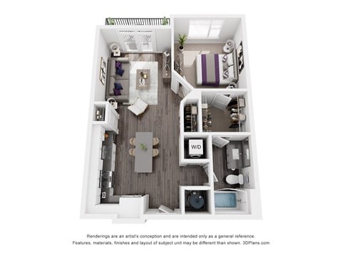 Floor plan for 1 bed, 1 bath, 723 sqft